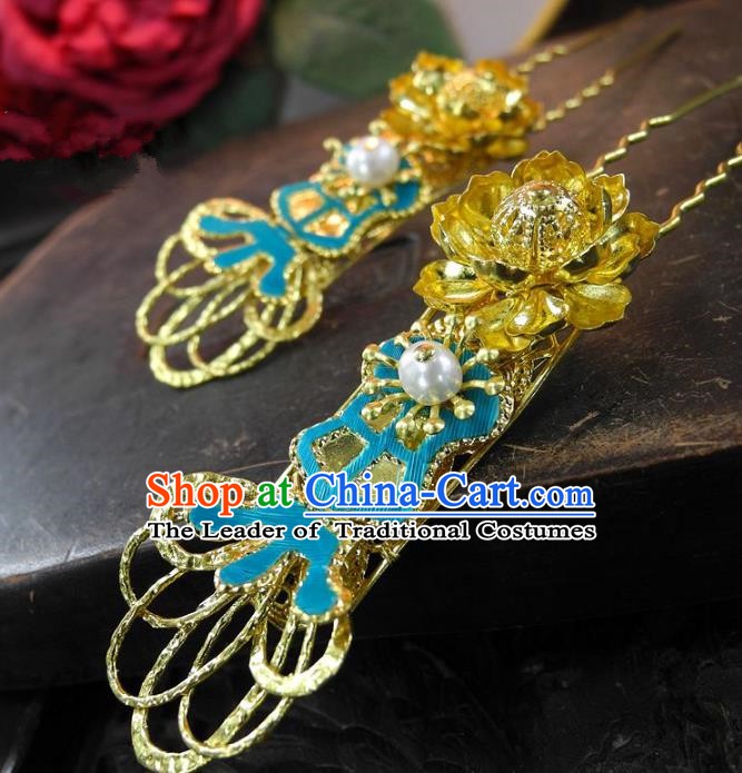 Chinese Handmade Classical Golden Lotus Hairpins Hair Accessories Ancient Bride Headwear Hair Clip for Women