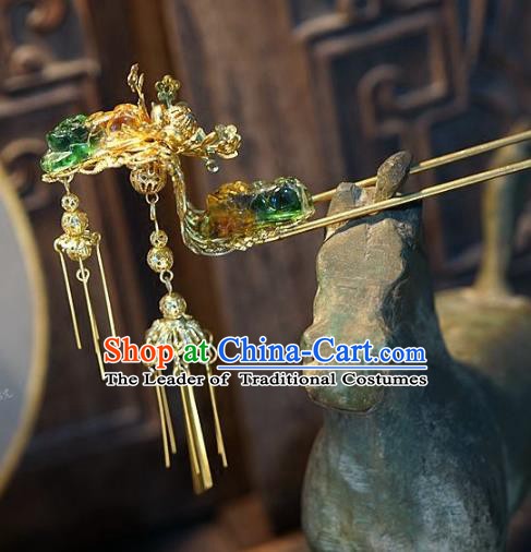 Chinese Handmade Classical Coloured Glaze Tassel Hairpins Hair Accessories Ancient Bride Headwear Hair Clip for Women