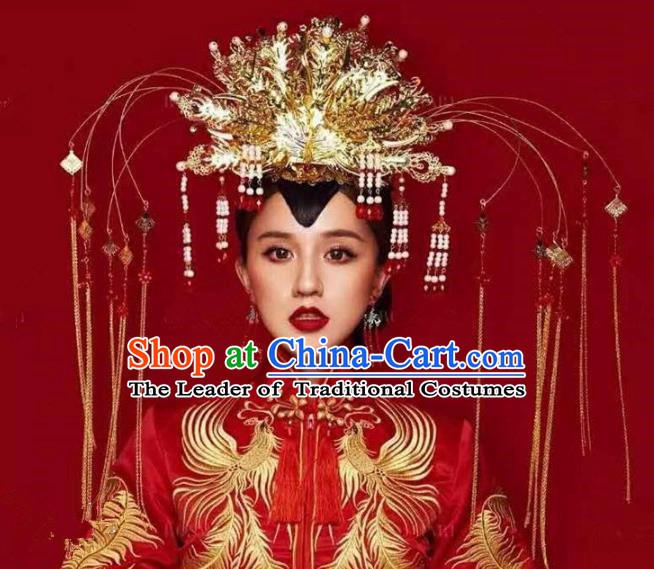 Chinese Handmade Classical Hairpins Tassel Phoenix Coronet Hair Accessories Ancient Bride Headwear for Women