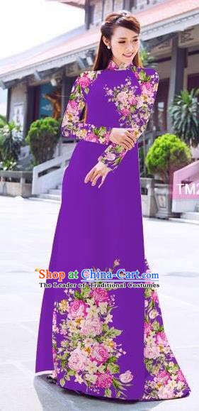 Asian Vietnam Palace Costume Vietnamese Trational Dress Printing Purple Ao Dai Cheongsam Clothing for Women