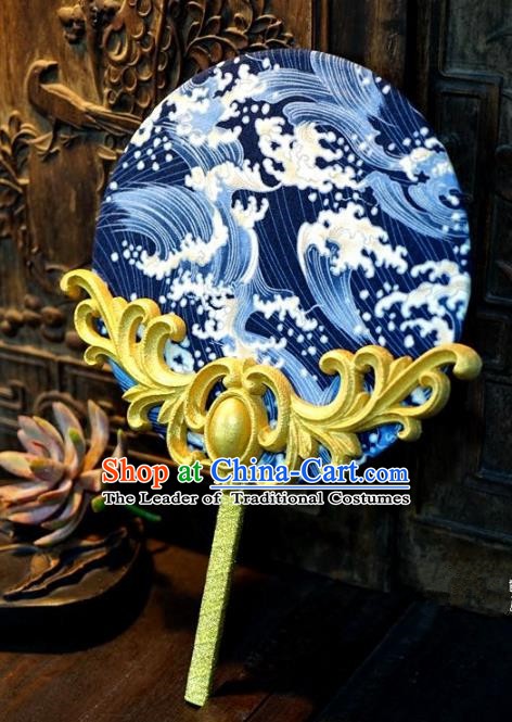 Chinese Handmade Classical Stage Performance Blue Fans Ancient Palace Lady Blue and White Porcelain Round Fans for Women