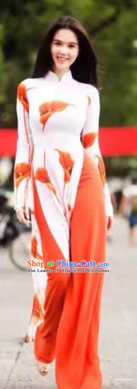 Asian Vietnam National Costume Vietnamese Bride Trational Dress Printing Common Callalily Ao Dai Cheongsam for Women
