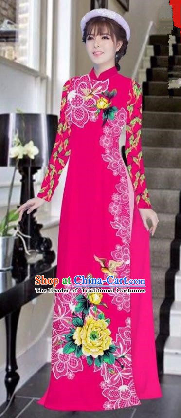 Asian Vietnam National Costume Vietnamese Bride Trational Dress Printing Peony Rosy Ao Dai Cheongsam for Women