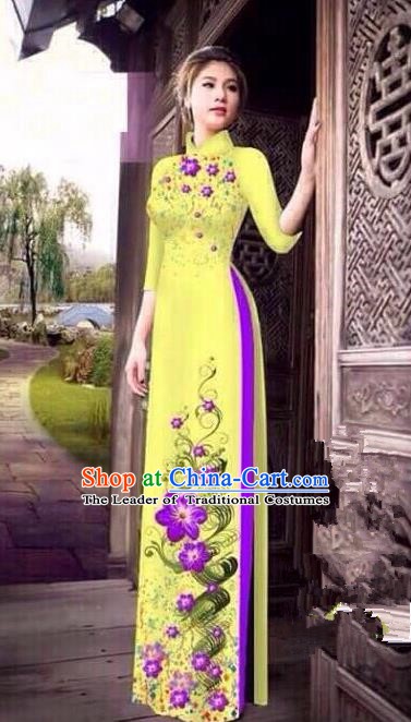 Asian Vietnam National Costume Vietnamese Bride Trational Dress Printing Petunia Yellow Ao Dai Cheongsam for Women