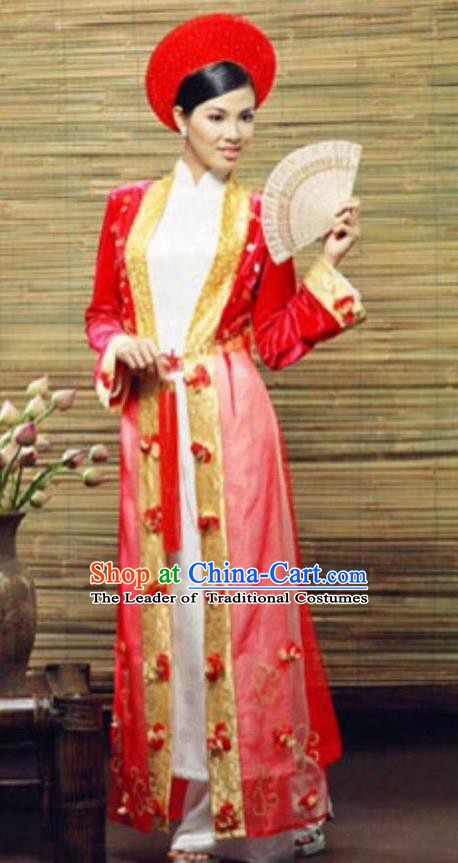 Asian Vietnam Costume Vietnamese Bride Trational Red Embroidered Ao Dai Cheongsam Dress and Hats for Women