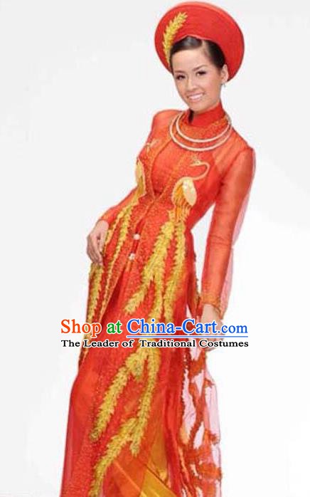 Asian Vietnam Costume Vietnamese Bride Trational Red Embroidered Ao Dai Cheongsam Dress and Hats for Women