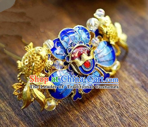Chinese Handmade Classical Xiuhe Hair Accessories Step Shake Ancient Bride Blueing Lotus Hairpins for Women