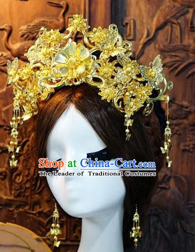 Chinese Handmade Classical Hairpins Tassel Golden Phoenix Coronet Hair Accessories Ancient Bride Headwear for Women