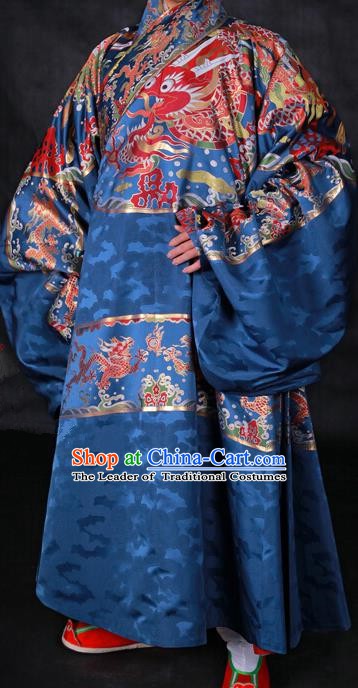 Ancient Chinese Ming Dynasty Palace Emperor Embroidered Costume Blue Robe for Men