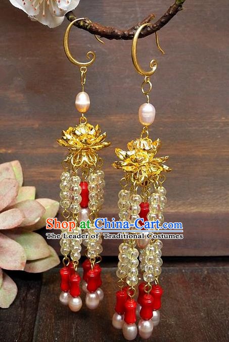 Asian Chinese Traditional Handmade Jewelry Accessories Eardrop Bride Lotus Tassel Earrings for Women