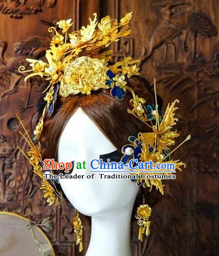 Chinese Handmade Classical Hair Accessories Ancient Golden Hair Stick Hairpins Complete Set for Women