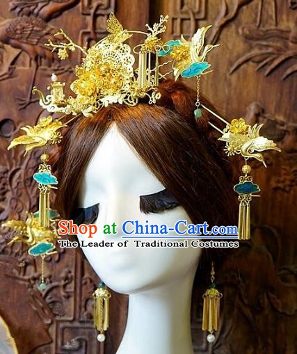 Chinese Handmade Classical Hair Accessories Ancient Crane Phoenix Coronet Hairpins Complete Set for Women