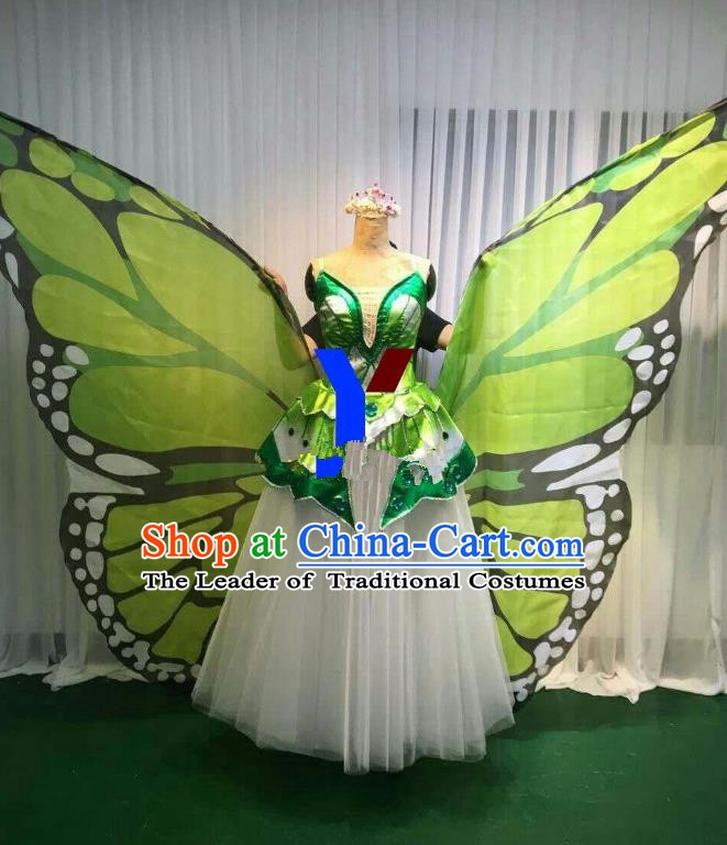 Professional Modern Dance Stage Performance Dress Halloween Costume and Green Butterfly Wings for Women
