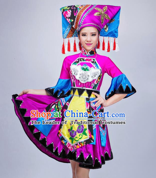 Traditional Chinese Miao Nationality Dance Costume, Chinese Zhuang Minority Nationality Embroidery Clothing for Women