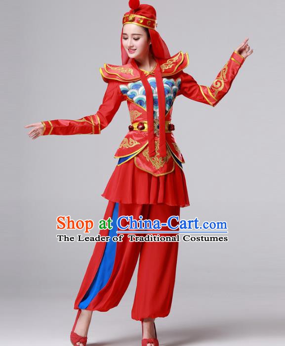 Traditional Chinese Yangge Fan Dance Costume, Folk Yangko Dance Drum Dance Red Clothing for Women