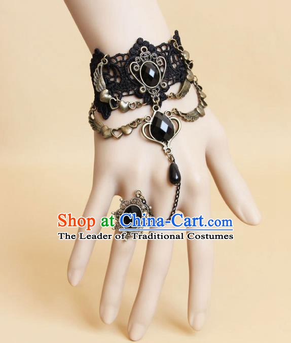 European Western Bride Vintage Wrist Accessories Renaissance Black Lace Gothic Bracelet with Ring for Women