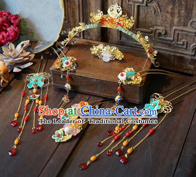 Chinese Handmade Classical Wedding Hairpins Ancient Hanfu Hair Accessories Phoenix Coronet Complete Set for Women