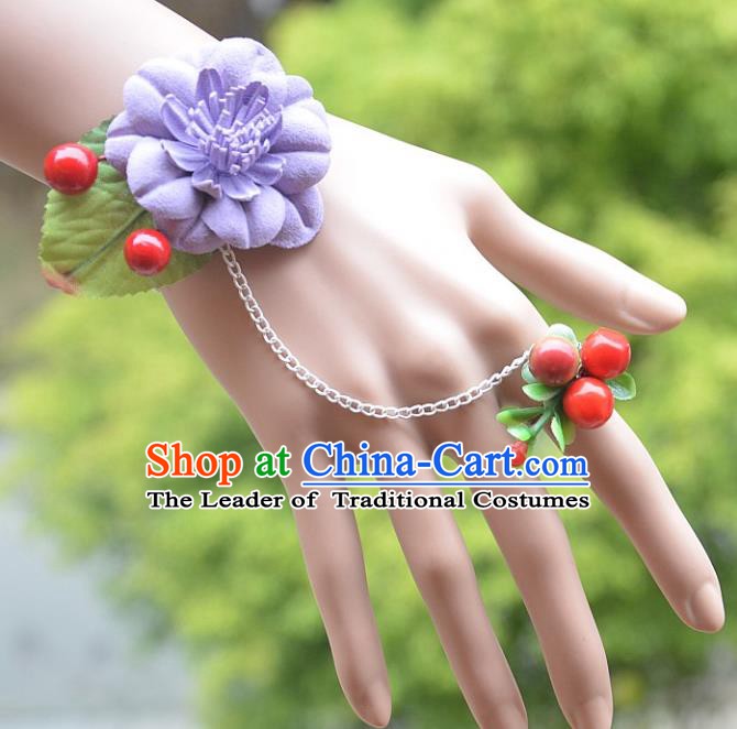 European Western Bride Wrist Accessories Vintage Renaissance Purple Flower Bracelet with Ring for Women