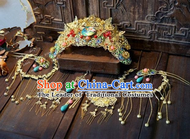 Chinese Handmade Classical Wedding Hairpins Ancient Hanfu Hair Accessories Golden Phoenix Coronet Set for Women