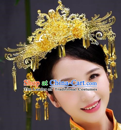 Chinese Handmade Classical Wedding Hairpins Ancient Hanfu Hair Accessories Golden Butterfly Phoenix Coronet for Women