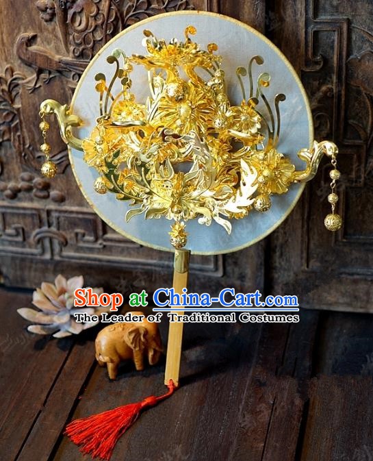 Chinese Handmade Classical Wedding Golden Fans Ancient Palace Round Fans for Women