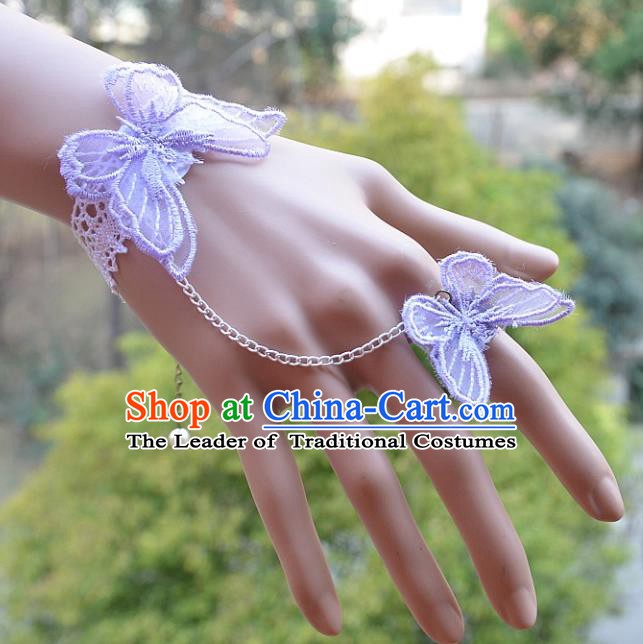 European Western Bride Vintage Jewelry Accessories Renaissance Purple Lace Butterfly Bracelet with Ring for Women