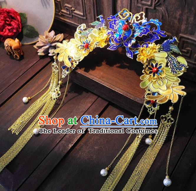 Chinese Handmade Classical Hairpins Ancient Hanfu Cloisonne Phoenix Coronet Hair Accessories for Women