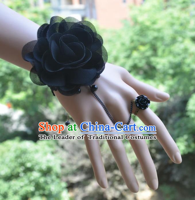 European Western Bride Vintage Black Wrist Flowers Accessories Renaissance Bracelet with Ring for Women