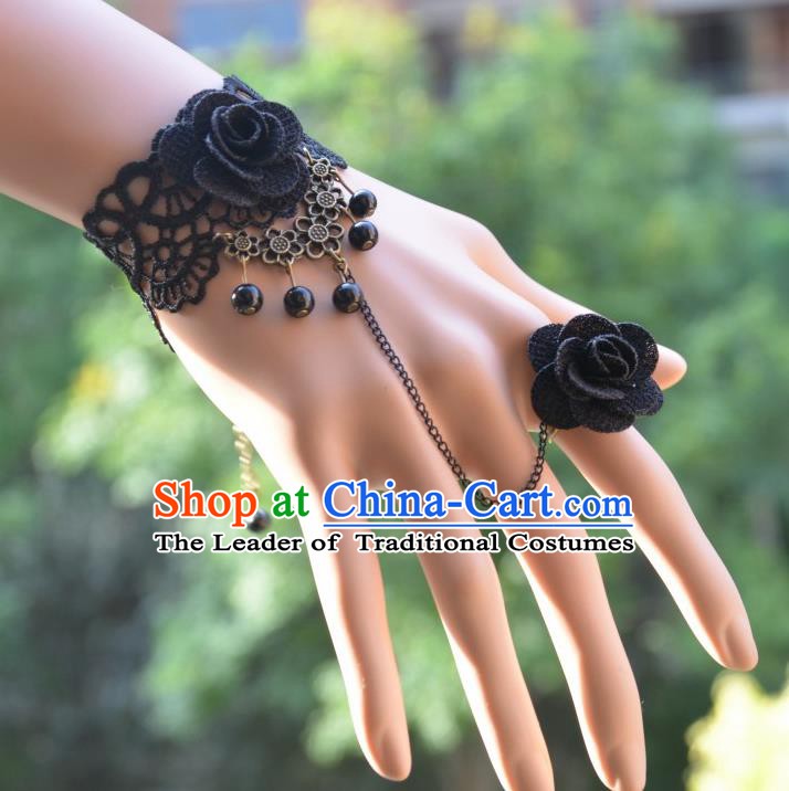 European Western Bride Vintage Jewelry Accessories Renaissance Black Flower Bracelet with Ring for Women