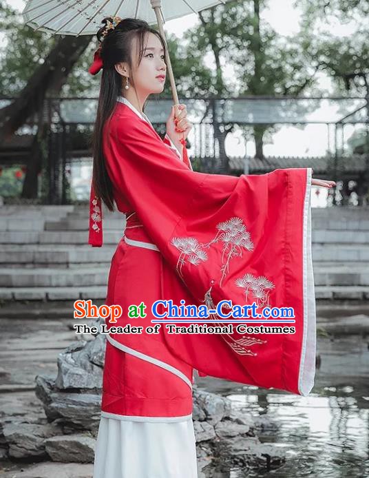 Traditional China Ancient Han Dynasty Princess Costume Red Embroidered Curving-front Robe for Women
