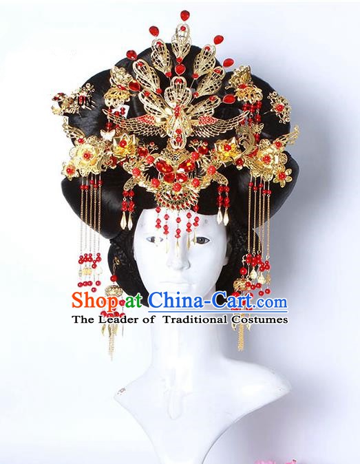 Handmade Chinese Ancient Imperial Concubine Hair Accessories Wig and Phoenix Coronet Hairpins Complete Set for Women