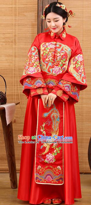 Traditional Ancient Chinese Costume Xiuhe Suits Wedding Embroidered Phoenix Peony Red Clothing for Women