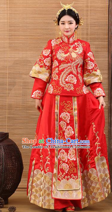 Traditional Ancient Chinese Costume Red Xiuhe Suits Wedding Embroidered Clothing for Women