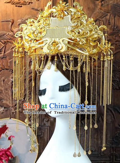Chinese Handmade Classical Hair Accessories Ancient Hanfu Hairpins Queen Golden Tassel Phoenix Coronet for Women