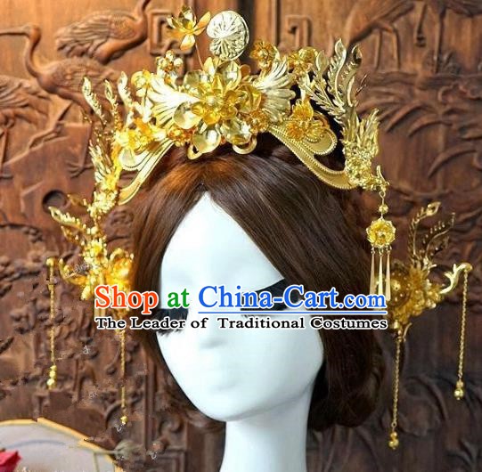 Chinese Handmade Classical Hair Accessories Ancient Hanfu Golden Hairpins Bride Phoenix Coronet for Women