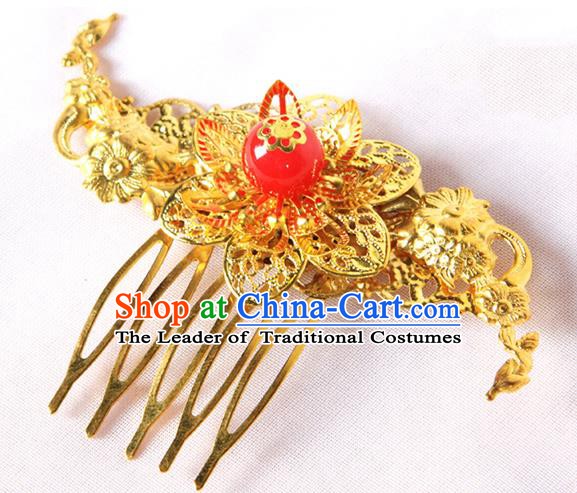 Handmade Asian Chinese Ancient Palace Lady Hair Accessories Hanfu Golden Hair Comb for Women