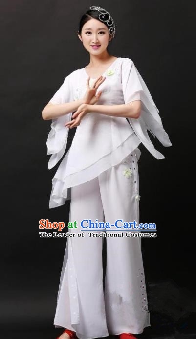 Traditional Chinese Yangge Folk Dance Costume, China Yanko Dance White Clothing for Women