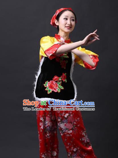 Traditional Chinese Yangge Folk Drum Dance Costume, China Yanko Dance Yellow Clothing for Women