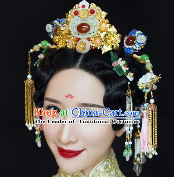 Chinese Handmade Classical Hairpins Ancient Wedding Jade Phoenix Coronet Headdress Complete Set for Women