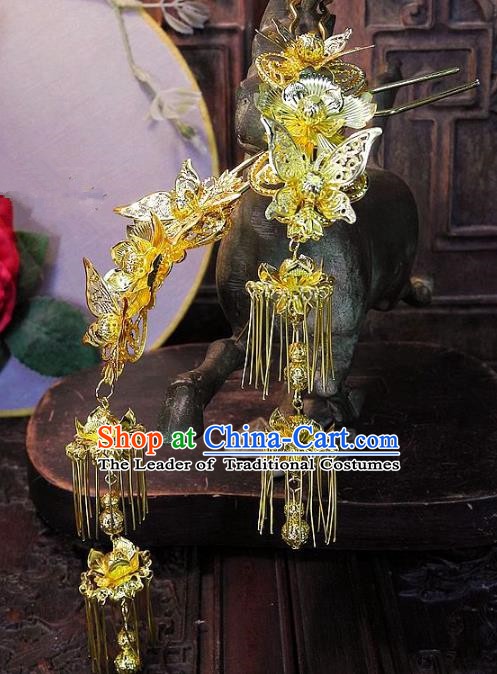 Chinese Handmade Classical Hair Accessories Ancient Wedding Headdress Golden Butterfly Tassel Hairpins for Women