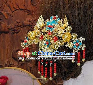 Chinese Handmade Classical Cloisonne Hair Accessories Ancient Wedding Headdress Tassel Hairpins for Women