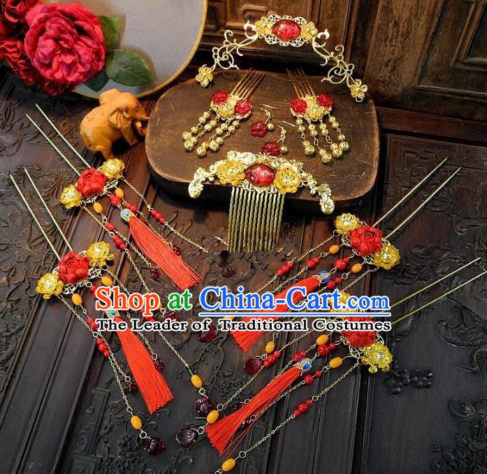 Chinese Handmade Classical Wedding Hair Accessories Ancient Bride Red Tassel Hairpins Complete Set for Women