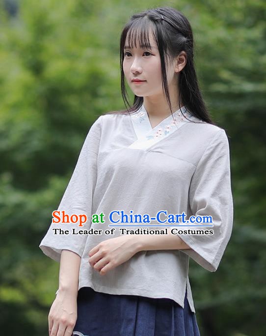 Traditional Chinese National Costume Embroidered Grey Shirts Hanfu Cheongsam Blouse for Women