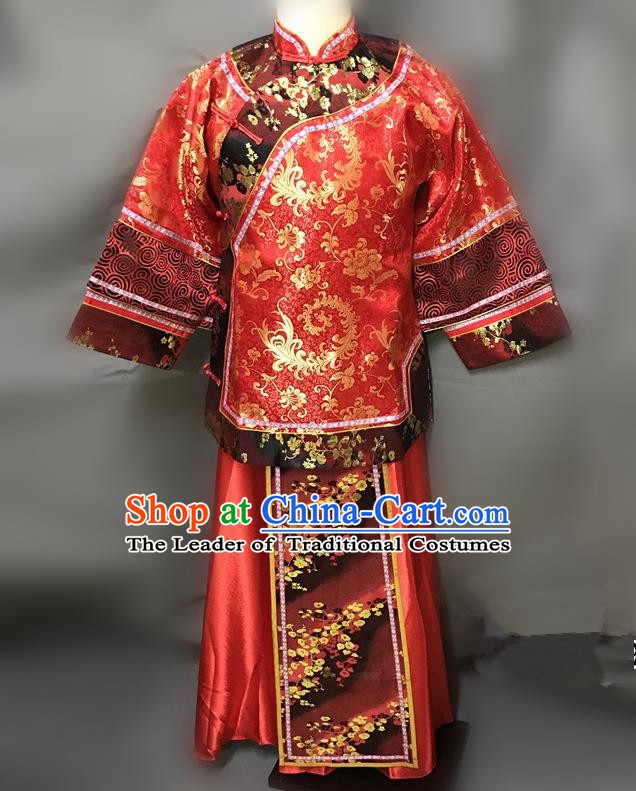 Traditional Chinese Qing Dynasty Young Mistress Costume Ancient Embroidered Red Xiuhe Suit for Women