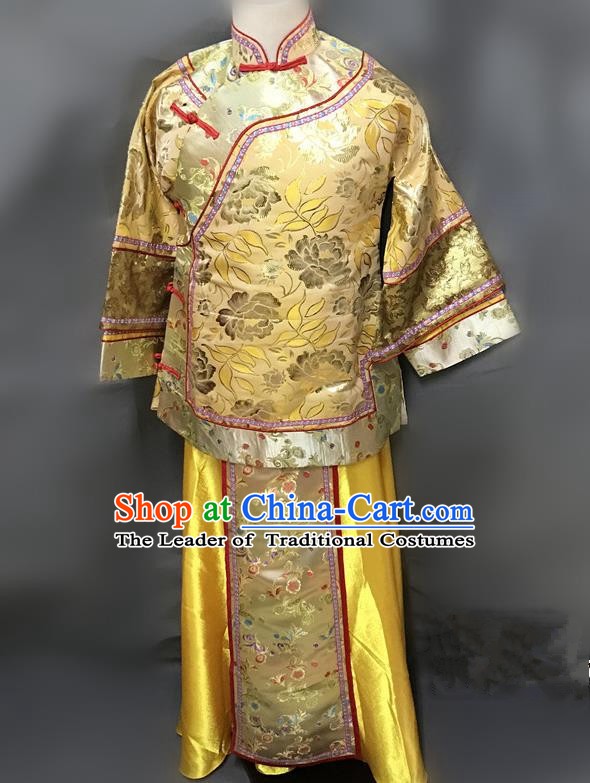 Traditional Chinese Qing Dynasty Young Mistress Costume Ancient Embroidered Yellow Xiuhe Suit for Women