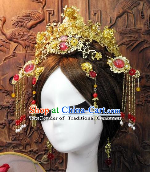 Chinese Handmade Classical Wedding Hair Accessories Ancient Hanfu Pink Jade Phoenix Coronet Headdress for Women