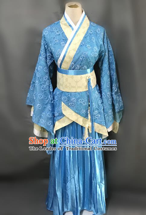 Traditional Chinese Han Dynasty Female Costume Ancient Embroidered Blue Clothing for Women