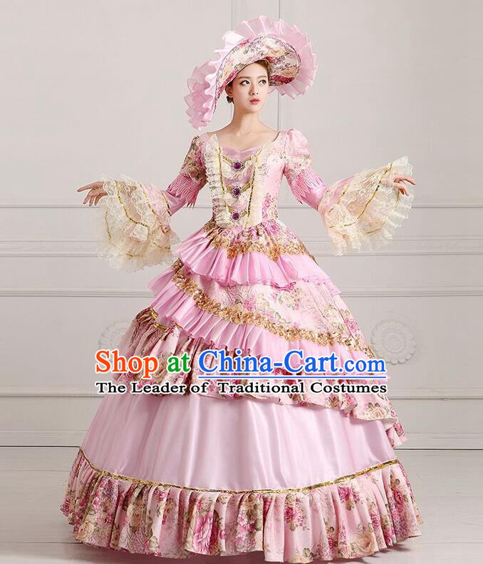 Traditional European Court Princess Renaissance Costume Dance Ball Dowager Pink Full Dress for Women