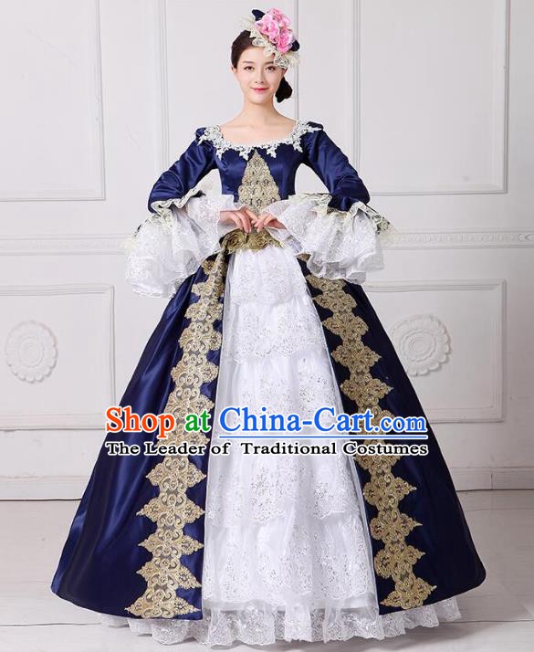 Traditional European Court Princess Renaissance Costume Dance Ball Blue Lace Full Dress for Women
