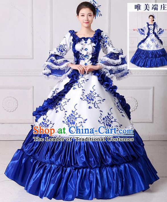 Traditional European Court Noblewoman Renaissance Costume Dance Ball Princess Blue Dress for Women